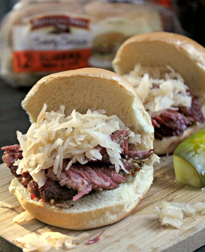 Beer Soaked Slow Cooker Pastrami Game Day Sliders buns pic